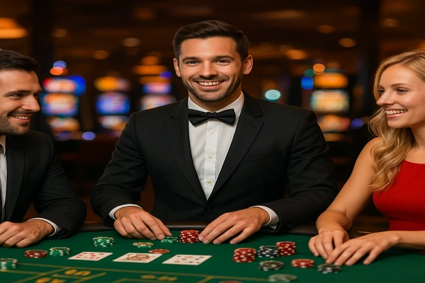 বর্ণিল স্লট মেশিনগুলো ও আলোয় ভরপুর একটি গেমিং পরিবেশ