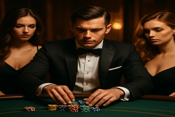 একজন নারী ল্যাপটপে অনলাইন গেম উপভোগ করছেন; চারদিকে দীপ্যমান ক্যাসিনো-আবহা ছড়িয়ে পড়েছে